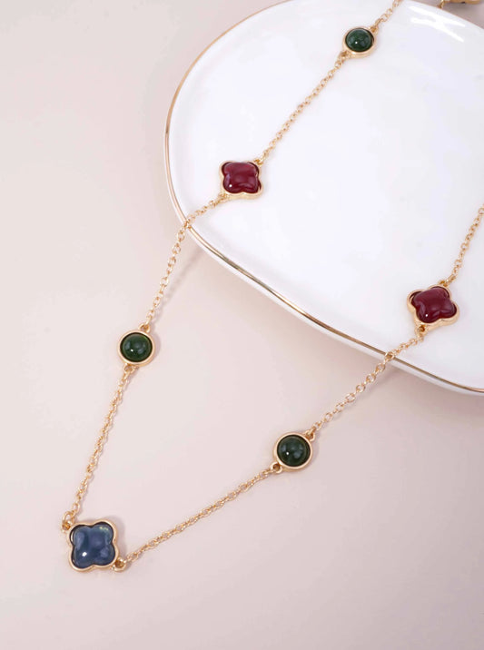 Resin Round Quatrefoil Station Long Necklace