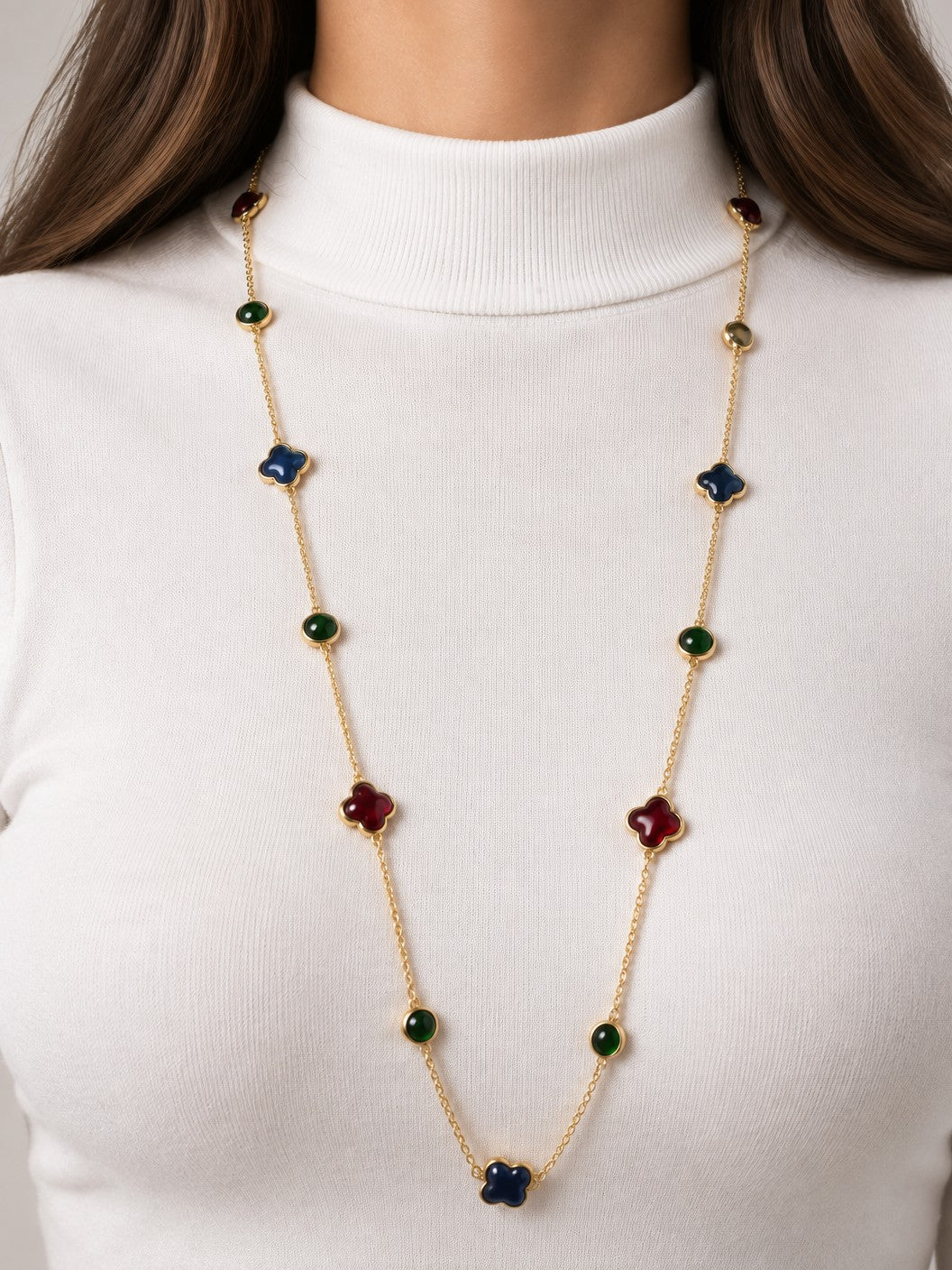 Resin Round Quatrefoil Station Long Necklace