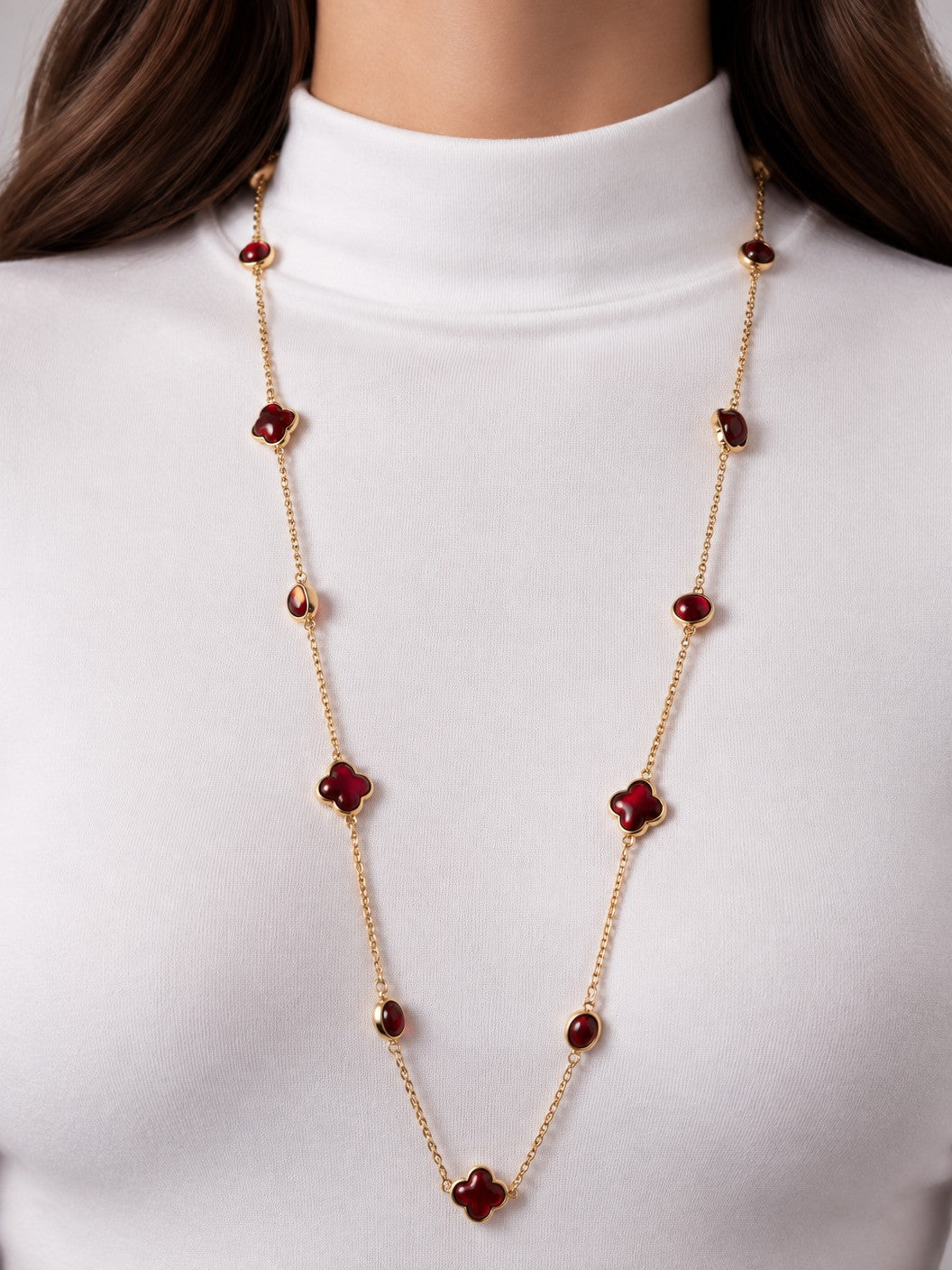 Resin Round Quatrefoil Station Long Necklace