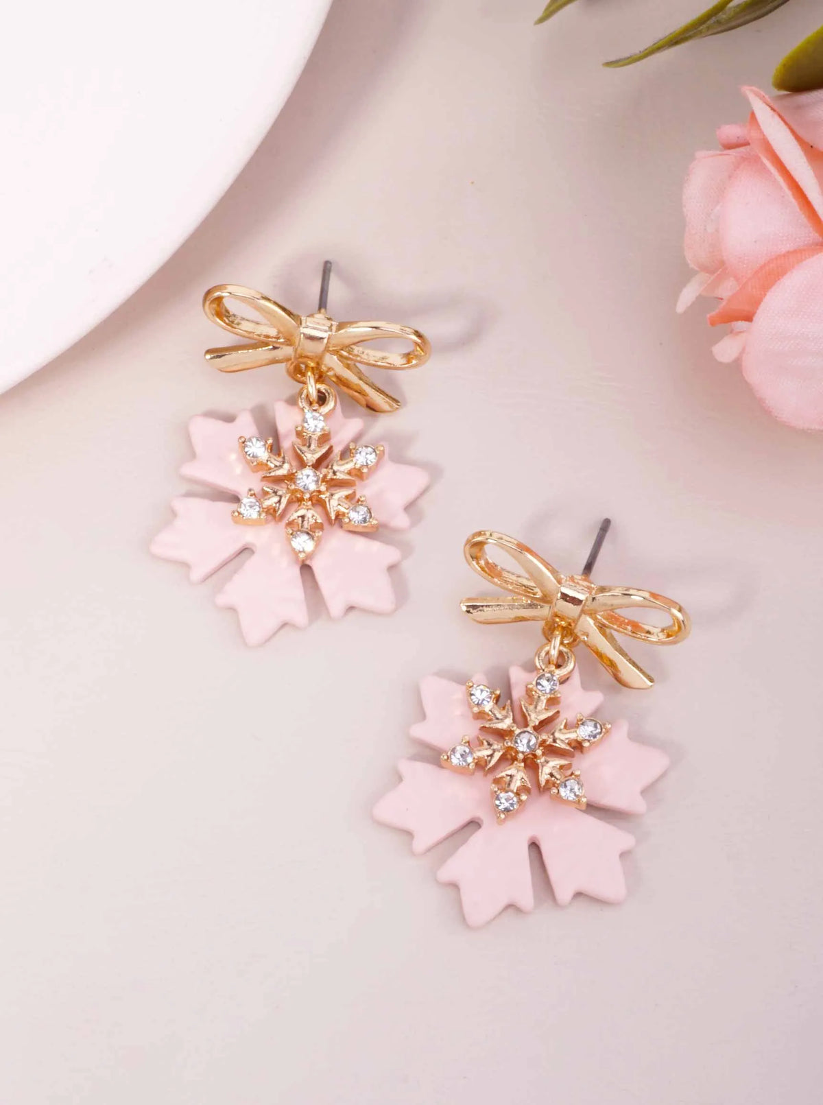 Rhinestone Bow Polished Enamel Drop Earrings