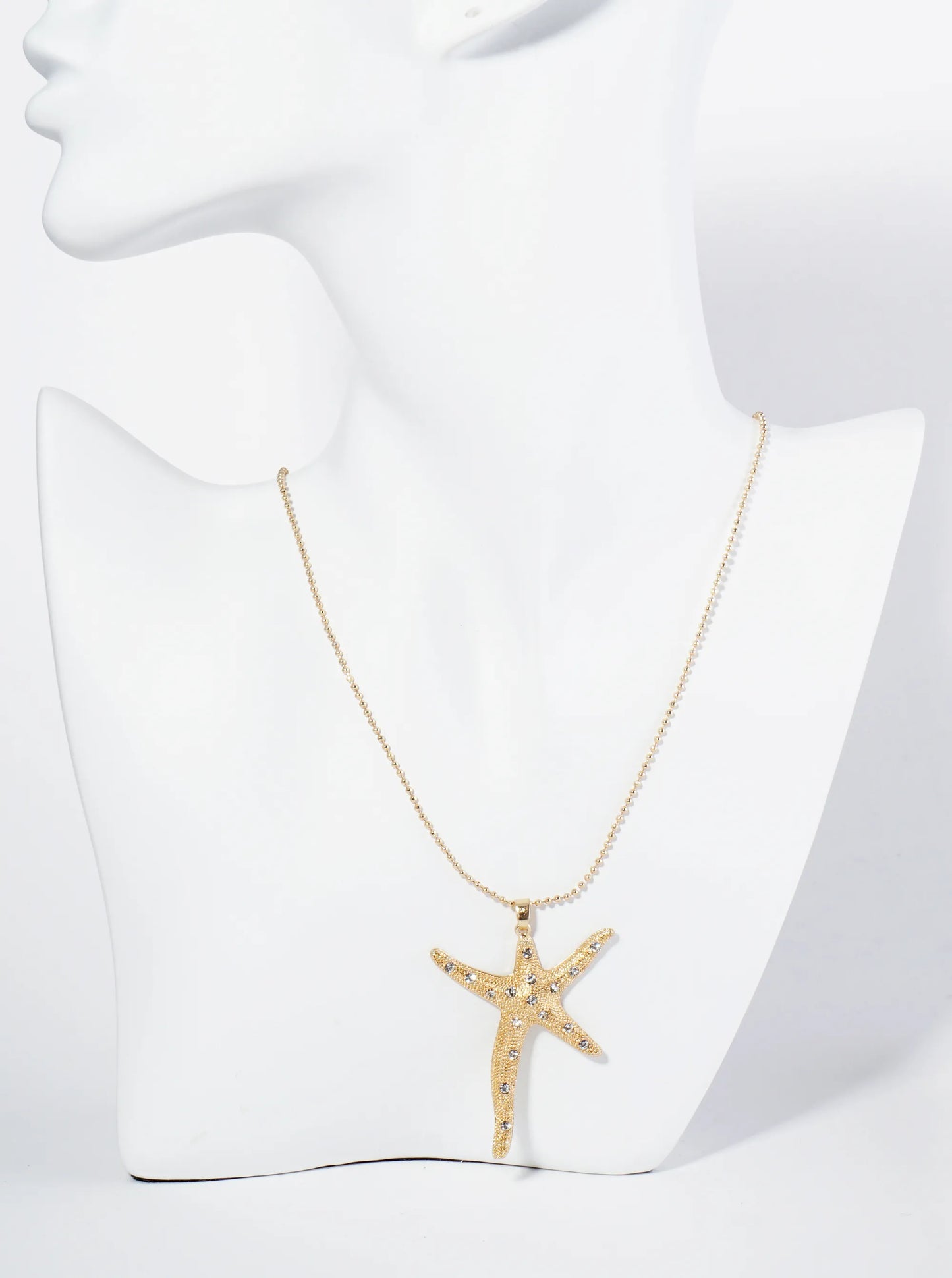 Rhinestone Embedded Sea Star Starfish Pendant 17 Inch Ball Chain Necklace