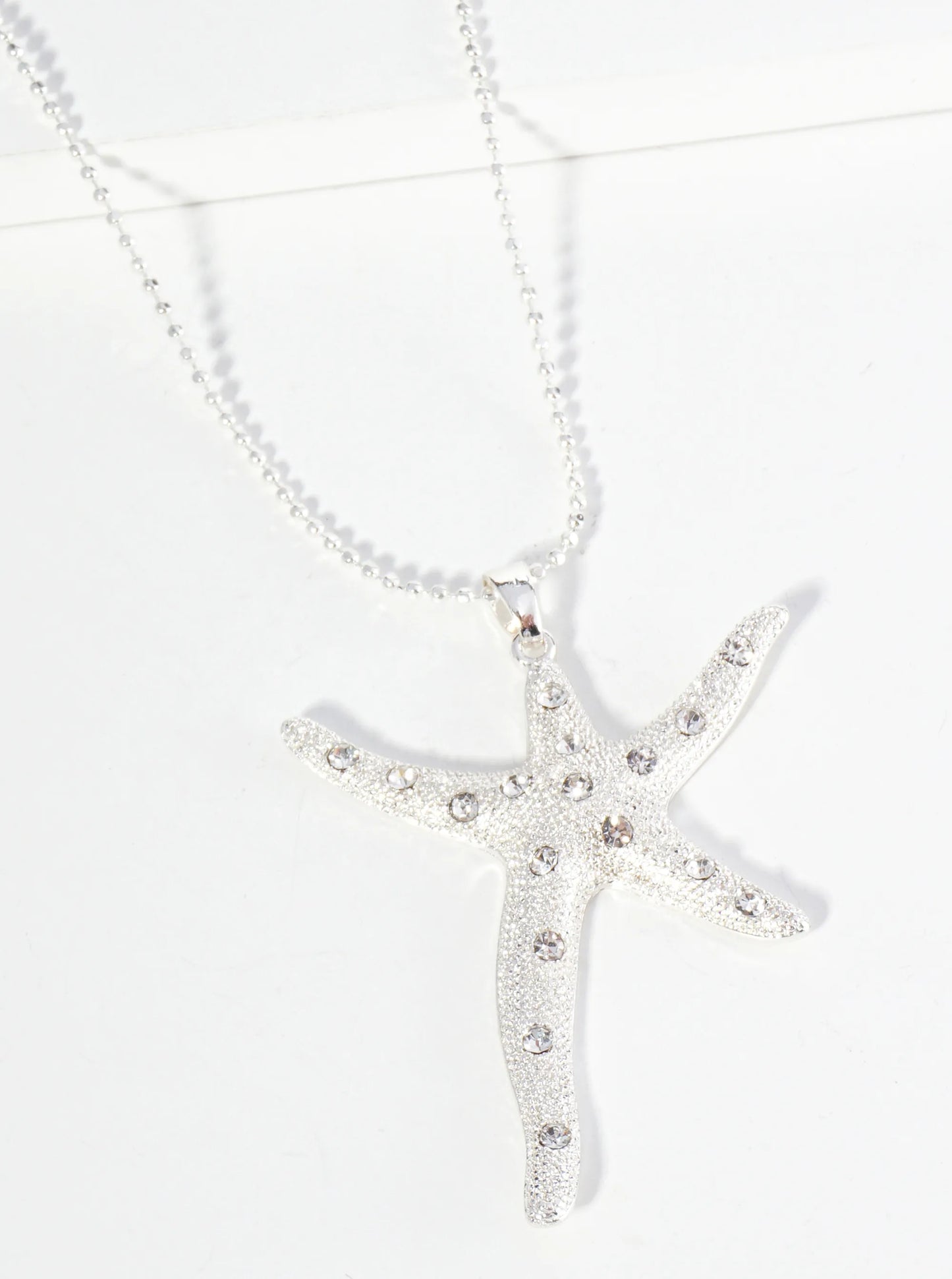 Rhinestone Embedded Sea Star Starfish Pendant 17 Inch Ball Chain Necklace