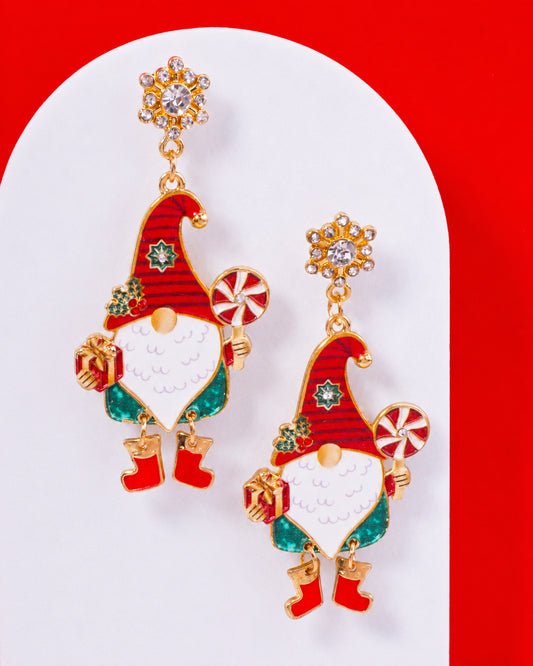 Rhinestone Enamel Christmas Gnome Drop Earrings