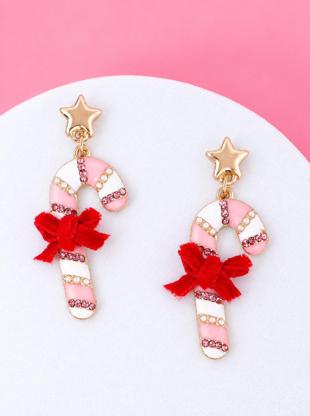 Rhinestone Pearl Enameled Candy Cane Bow Post Drop