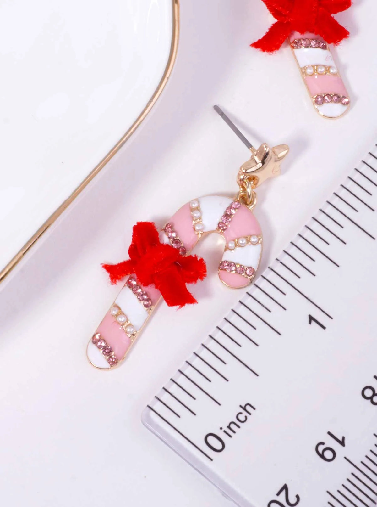 Rhinestone Pearl Enameled Candy Cane Bow Post Drop