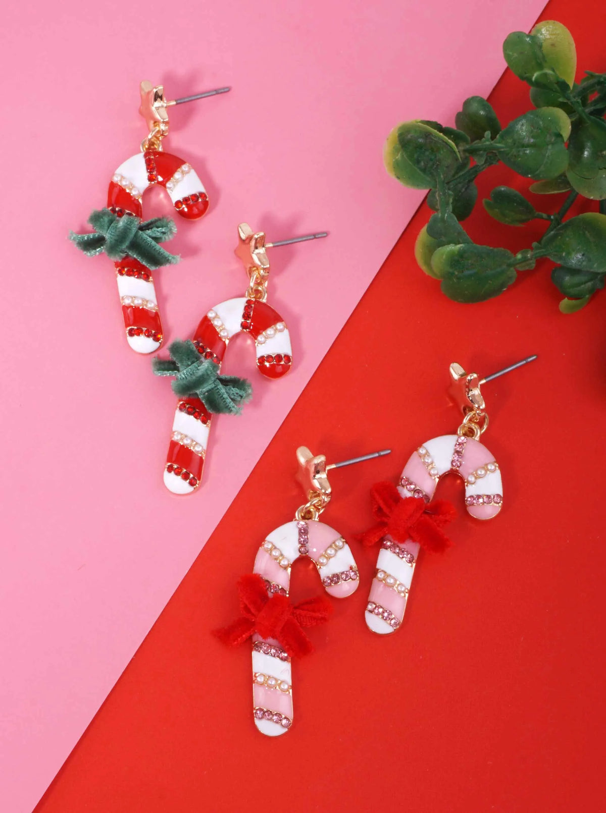 Rhinestone Pearl Enameled Candy Cane Bow Post Drop