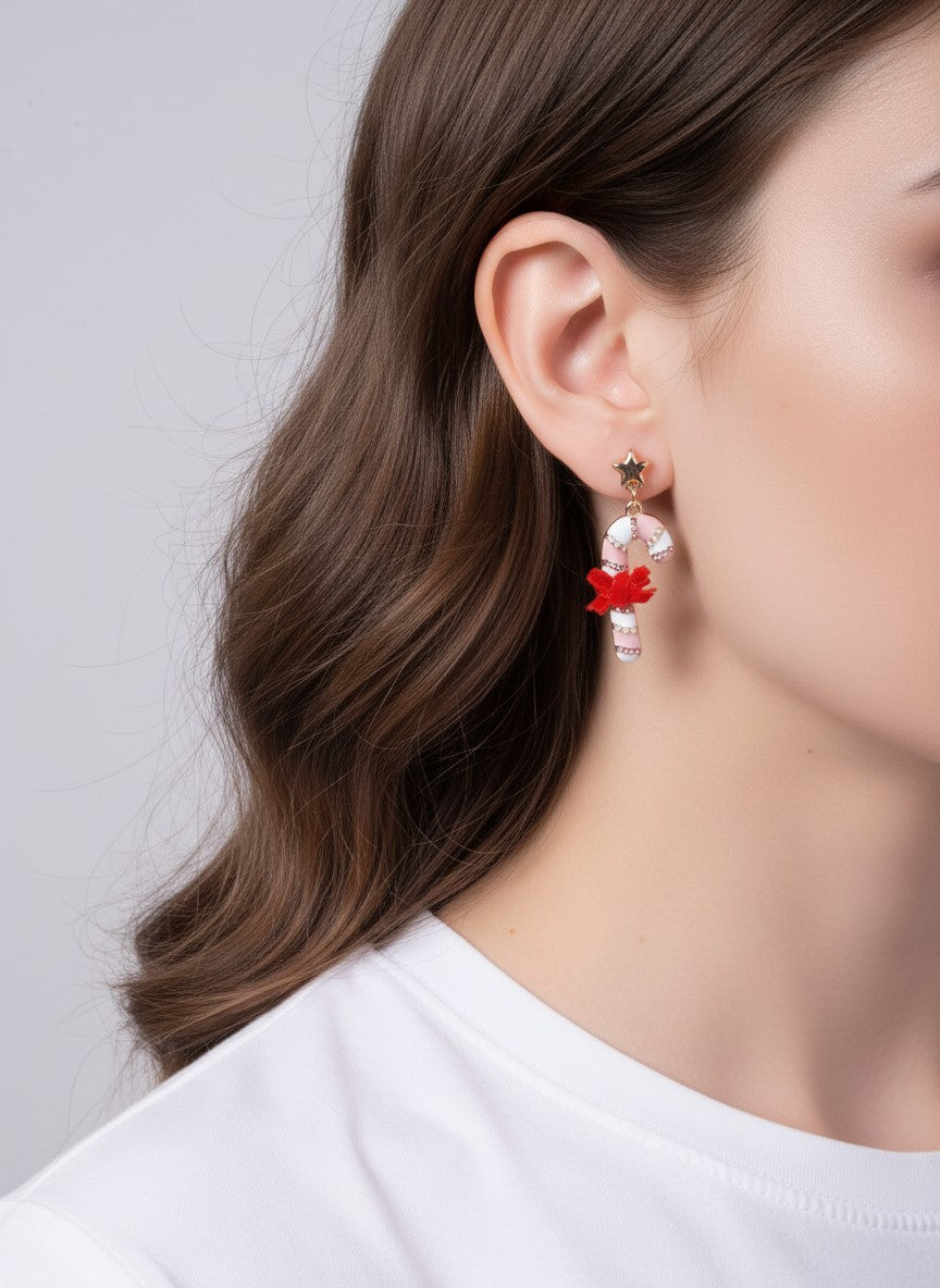 Rhinestone Pearl Enameled Candy Cane Bow Post Drop