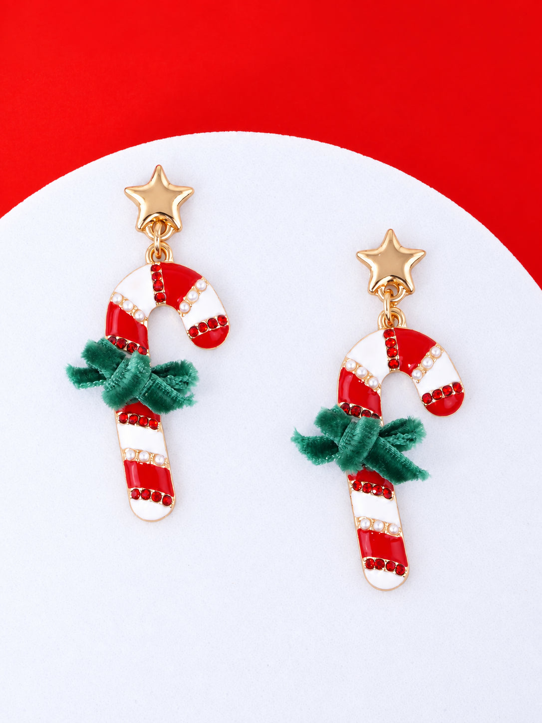 Rhinestone Pearl Enameled Candy Cane Bow Post Drop