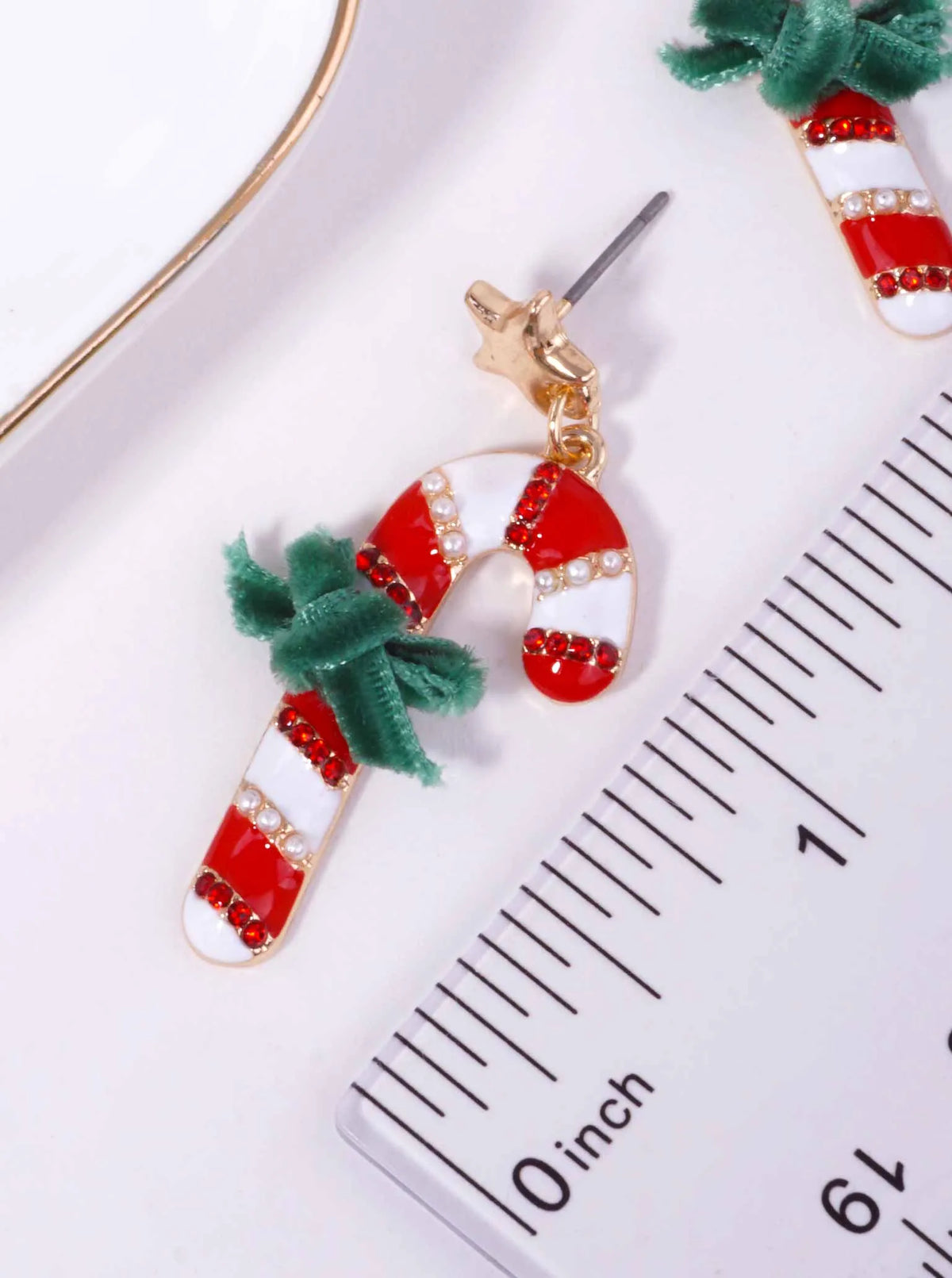 Rhinestone Pearl Enameled Candy Cane Bow Post Drop