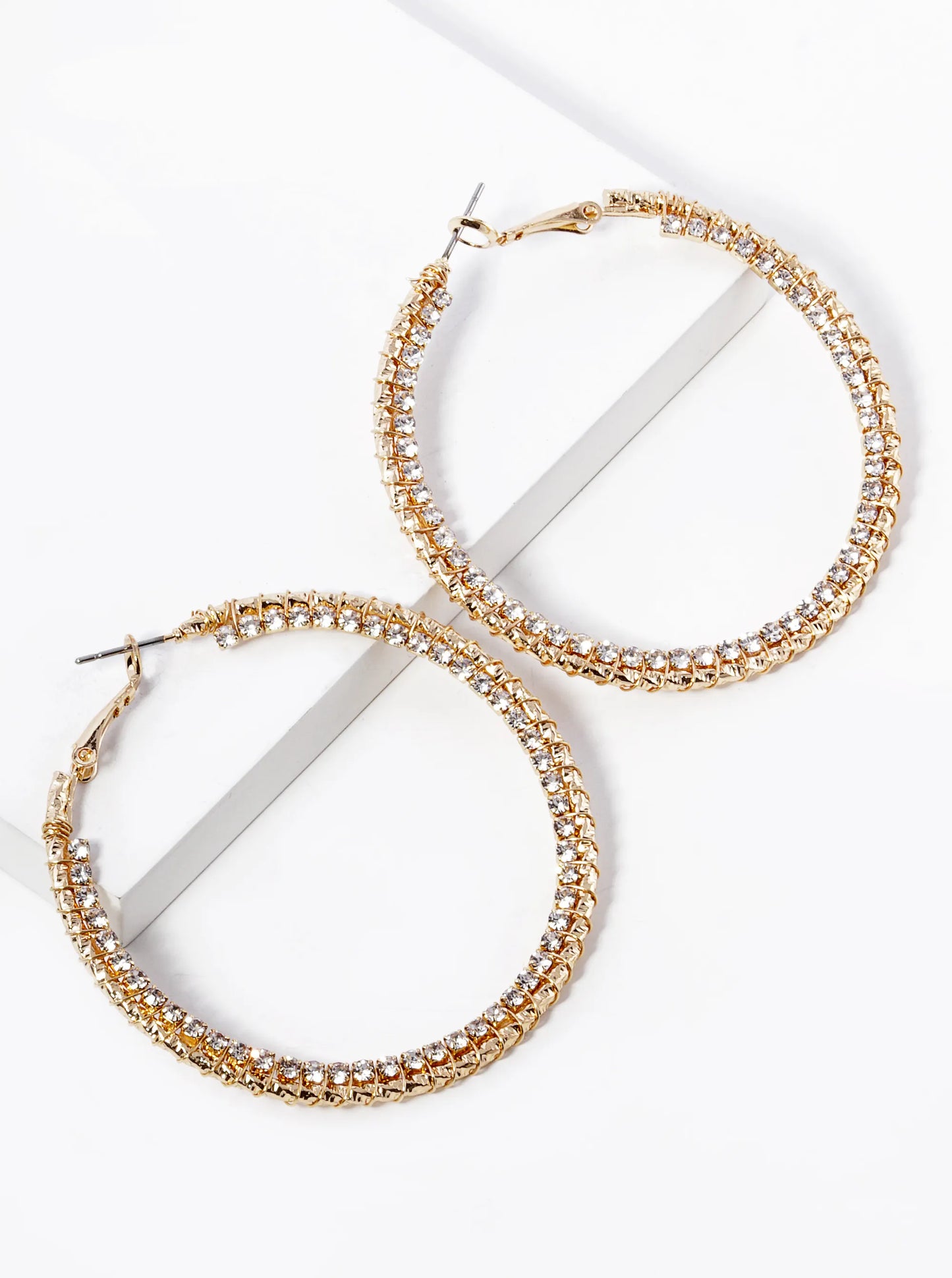 Rhinestone Wire Wrapped 50mm Latch Back Hoop Earrings