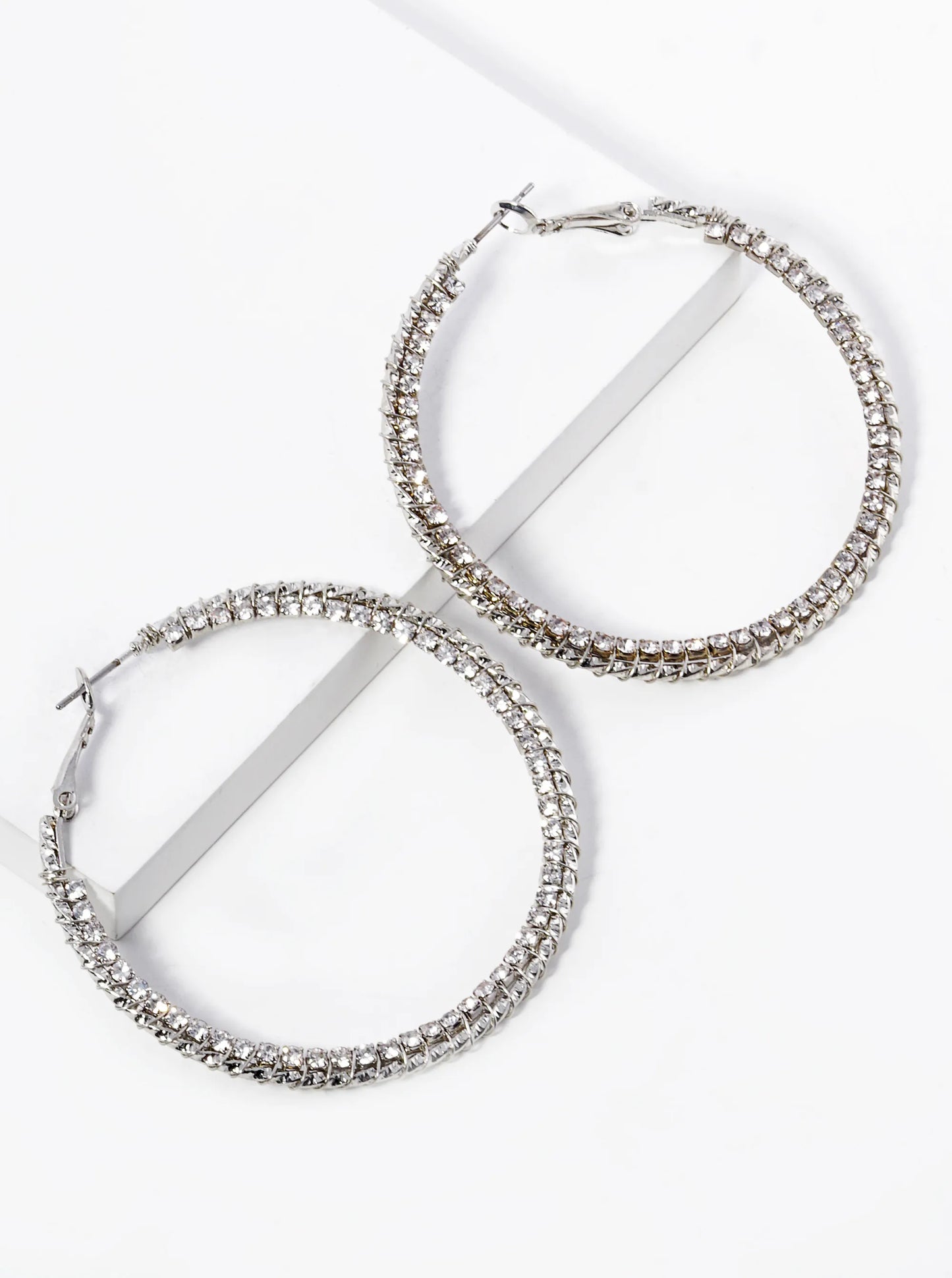 Rhinestone Wire Wrapped 50mm Latch Back Hoop Earrings