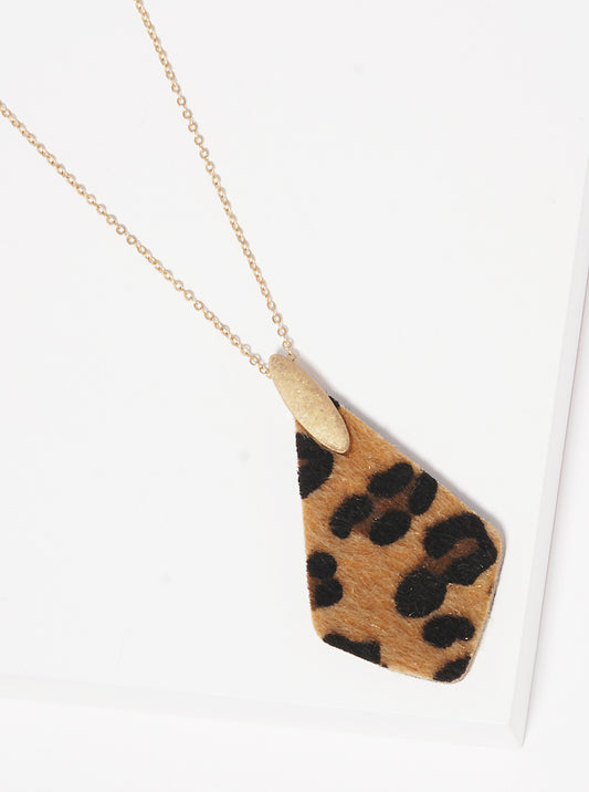 Rhombus Shaped Leopard Animal Printed Faux Fur Pendant Long Necklace