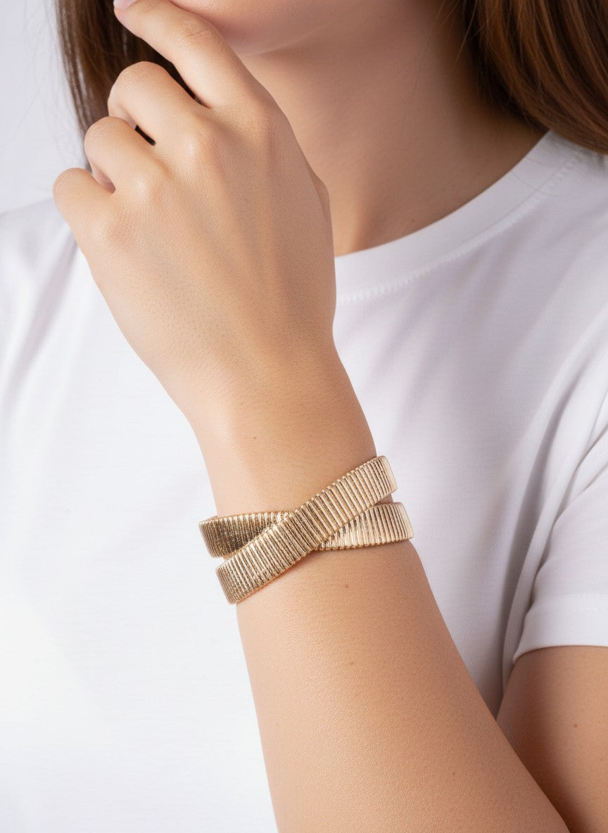 Ribbed Cross Over Statement Cuff Bracelet