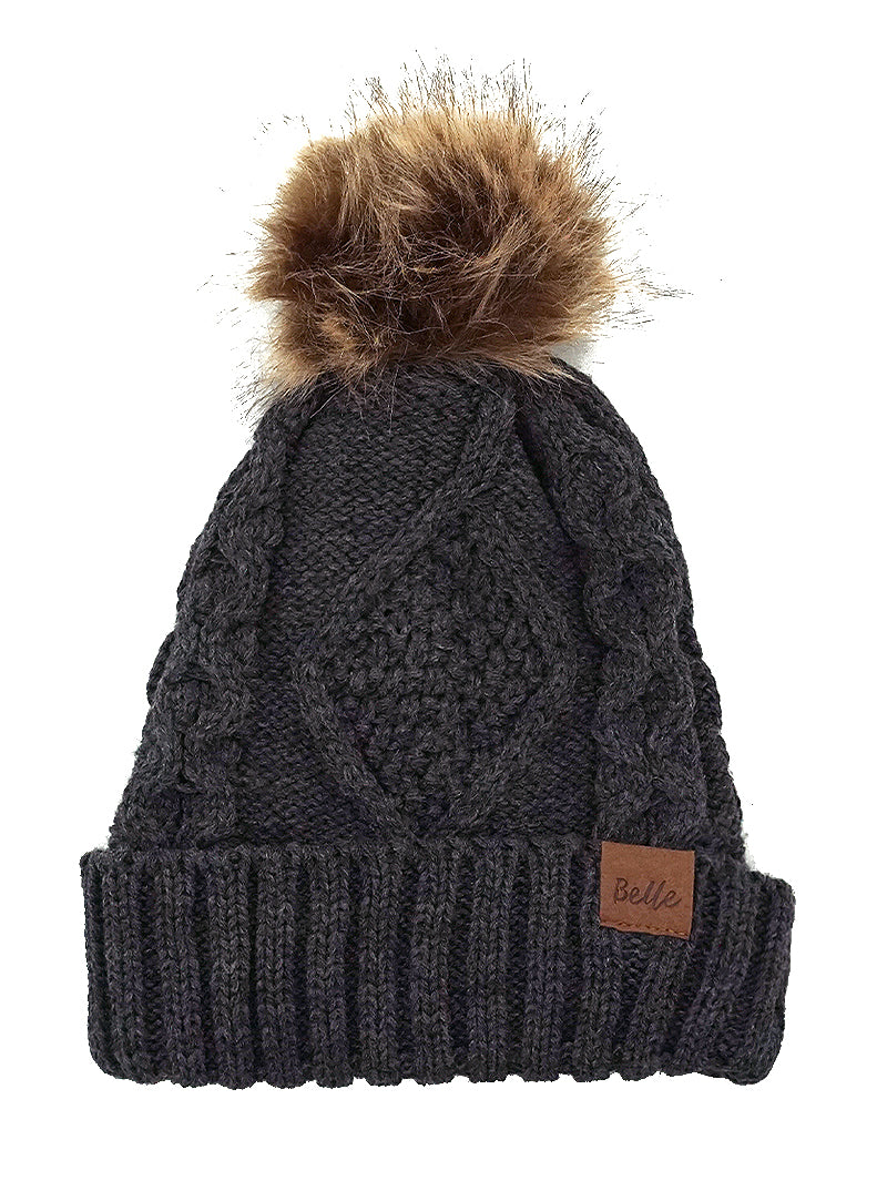 Ribbed Knit Fleece Beanie With Faux Fur Pom Pom