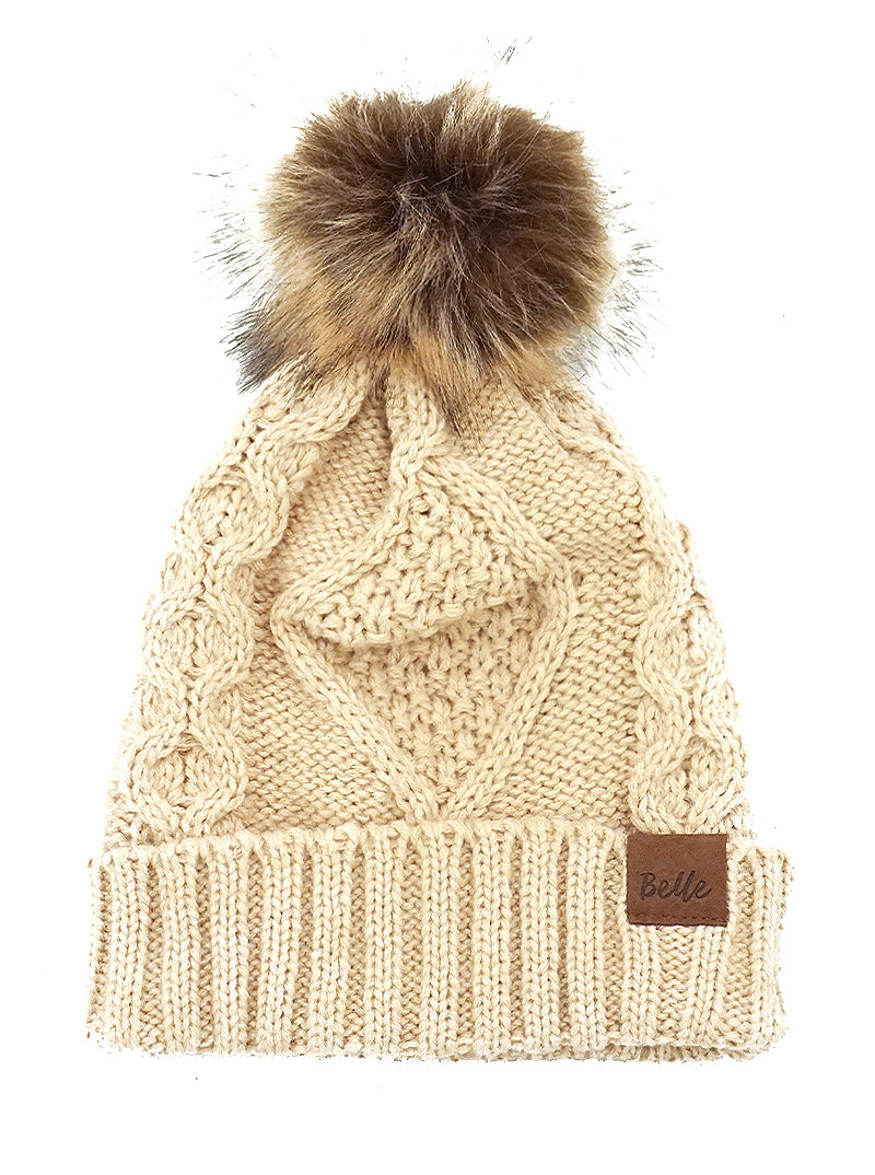 Ribbed Knit Fleece Beanie With Faux Fur Pom Pom
