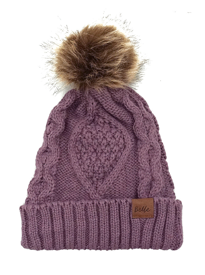 Ribbed Knit Fleece Beanie With Faux Fur Pom Pom