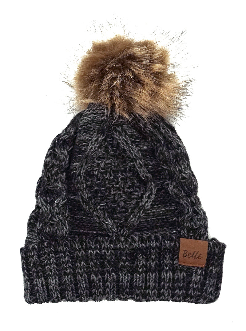 Ribbed Knit Fleece Beanie With Faux Fur Pom Pom