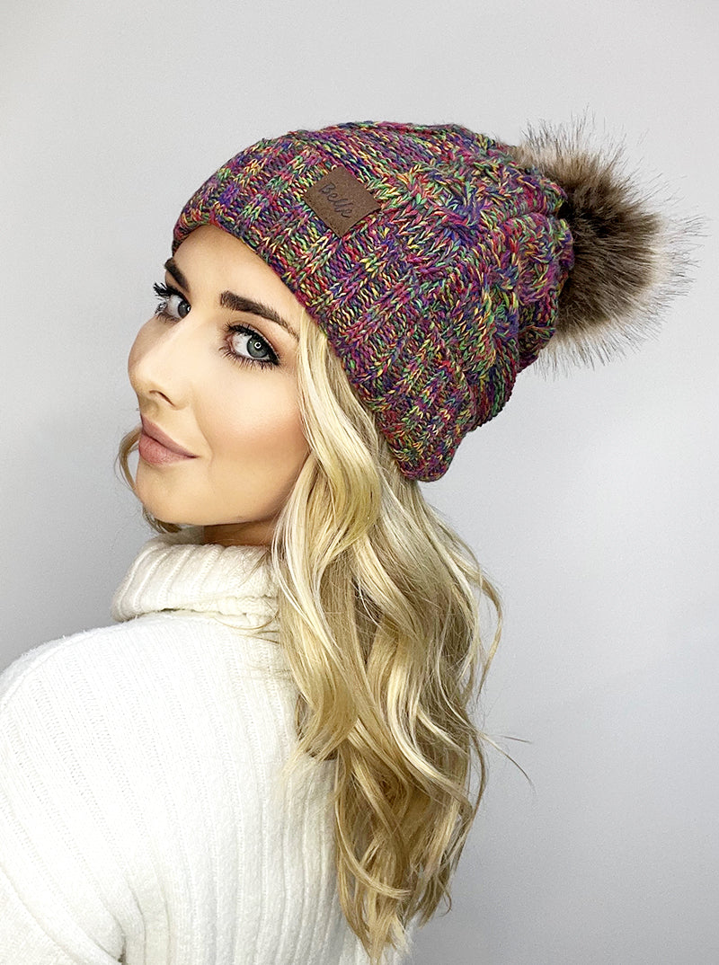 Ribbed Knit Fleece Beanie With Faux Fur Pom Pom