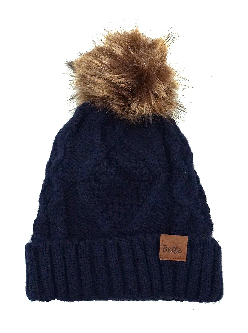 Ribbed Knit Fleece Beanie With Faux Fur Pom Pom