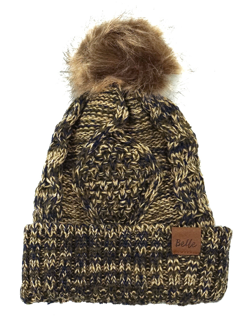 Ribbed Knit Fleece Beanie With Faux Fur Pom Pom