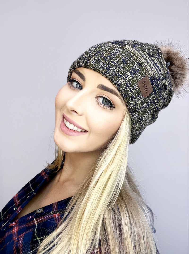 Ribbed Knit Fleece Beanie With Faux Fur Pom Pom