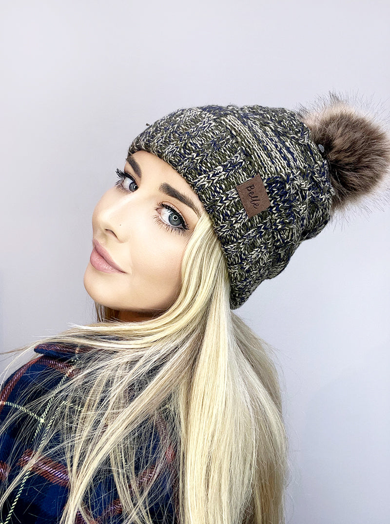 Ribbed Knit Fleece Beanie With Faux Fur Pom Pom