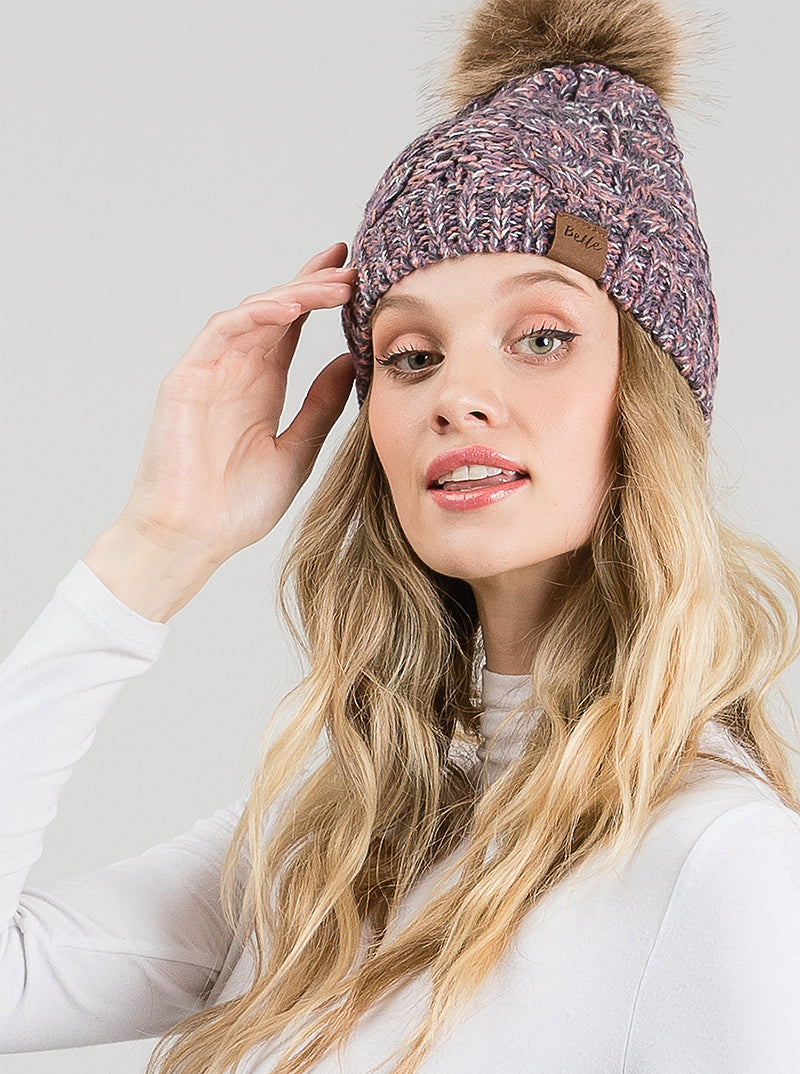 Ribbed Knit Fleece Beanie With Faux Fur Pom Pom