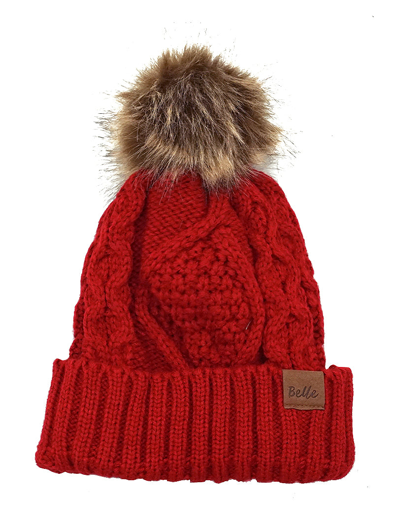 Ribbed Knit Fleece Beanie With Faux Fur Pom Pom