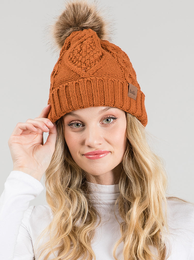 Ribbed Knit Fleece Beanie With Faux Fur Pom Pom