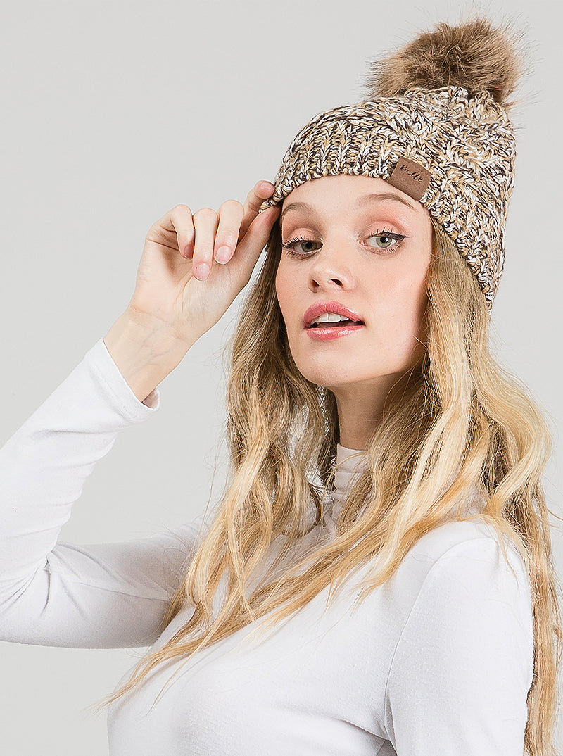 Ribbed Knit Fleece Beanie With Faux Fur Pom Pom