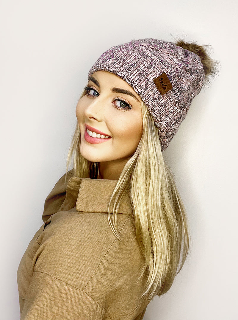 Ribbed Knit Fleece Beanie With Faux Fur Pom Pom