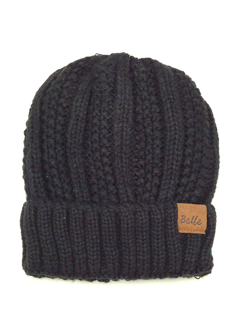 Ribbed Knit Peekaboo Ponytail Fleece Beanie