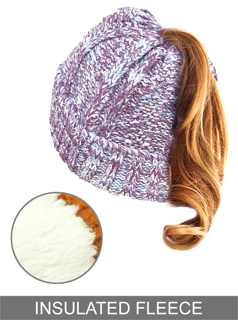 Ribbed Knit Peekaboo Ponytail Fleece Beanie