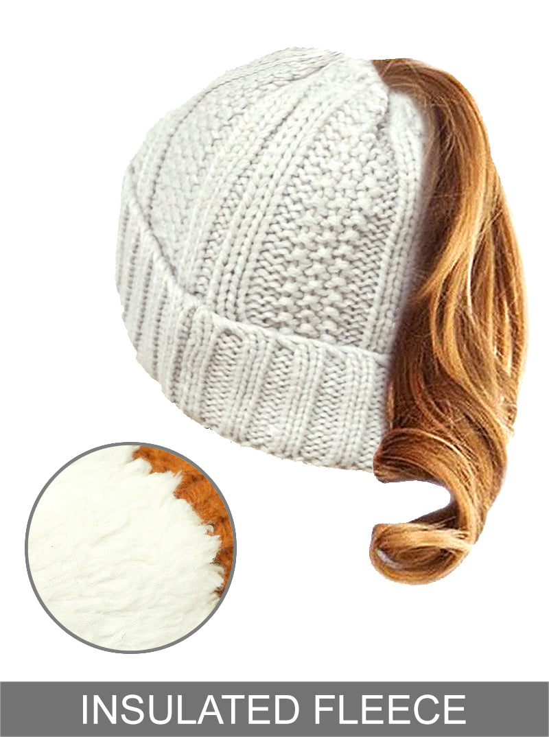 Ribbed Knit Peekaboo Ponytail Fleece Beanie