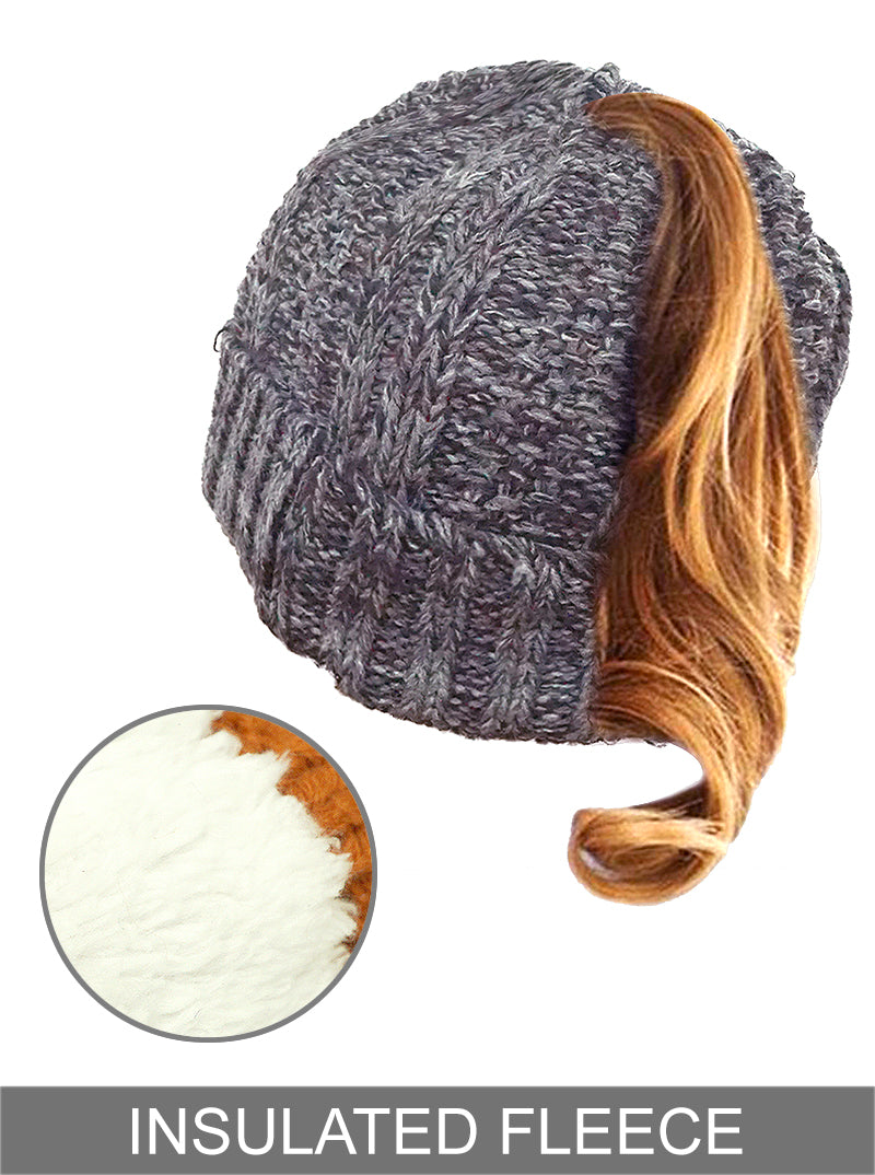 Ribbed Knit Peekaboo Ponytail Fleece Beanie
