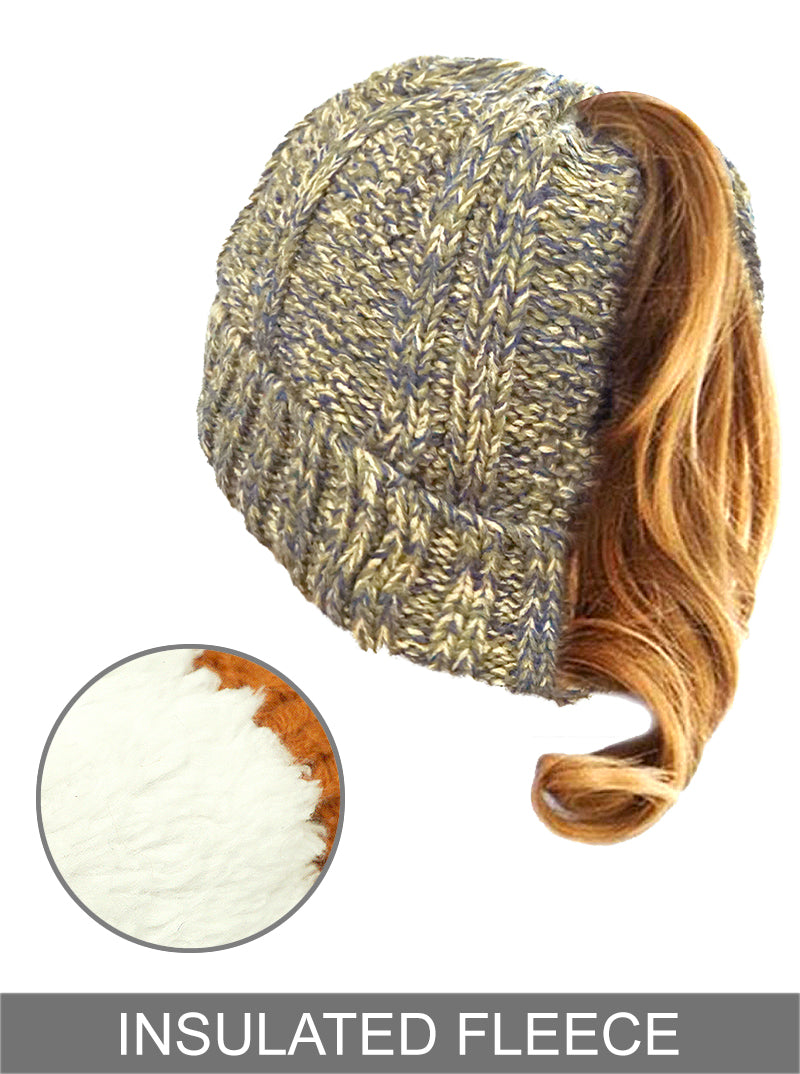 Ribbed Knit Peekaboo Ponytail Fleece Beanie