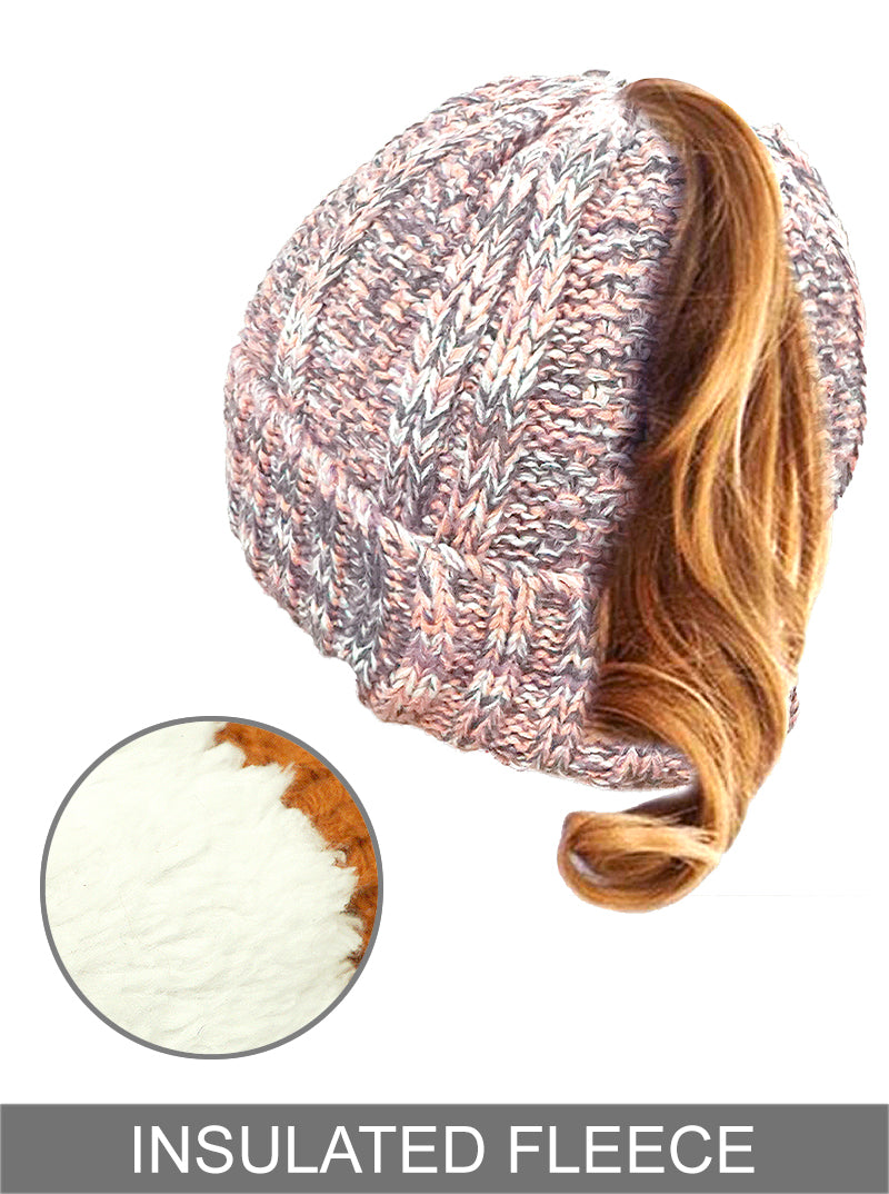 Ribbed Knit Peekaboo Ponytail Fleece Beanie