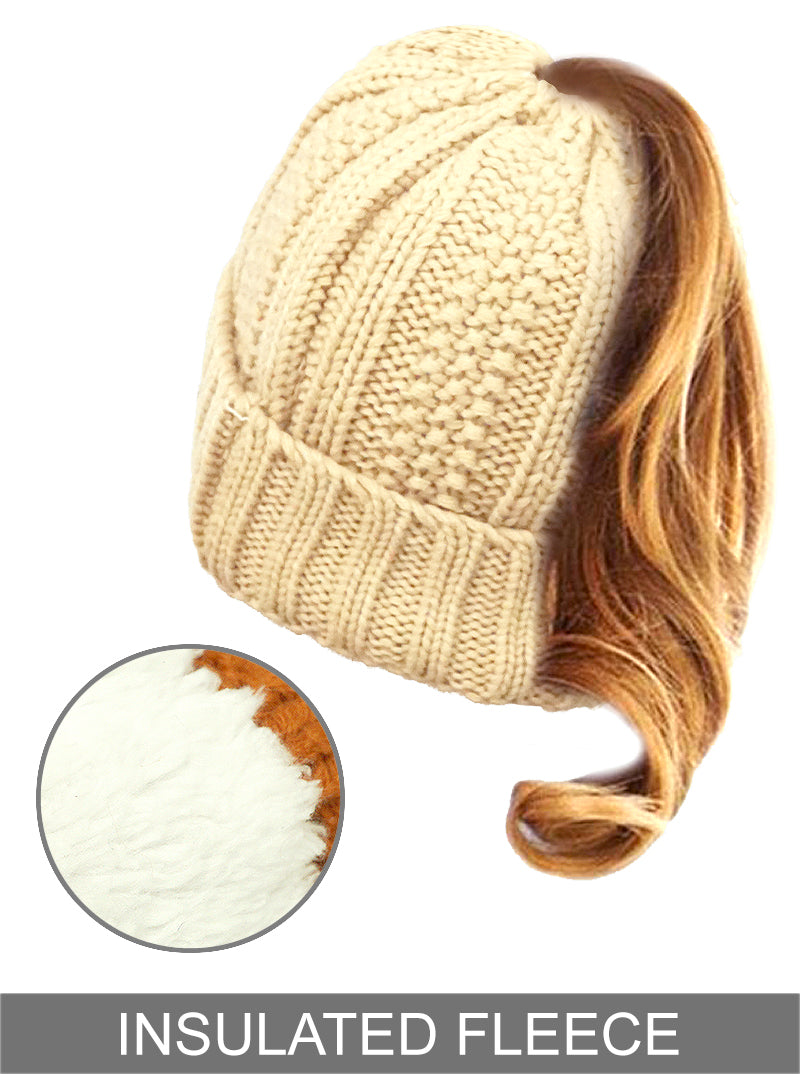 Ribbed Knit Peekaboo Ponytail Fleece Beanie