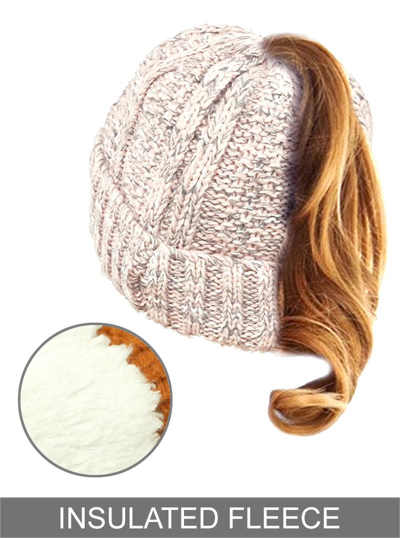 Ribbed Knit Peekaboo Ponytail Fleece Beanie