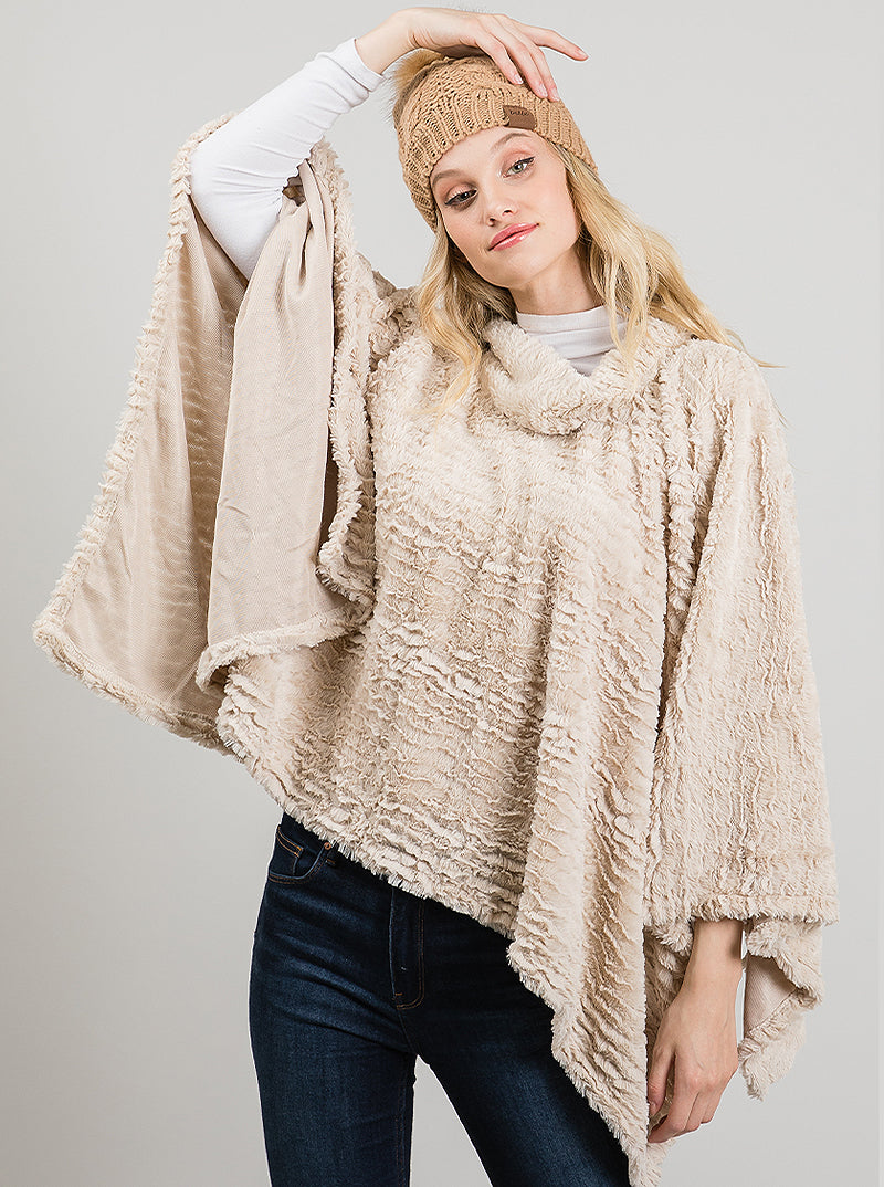 Rippled Solid Color Soft Mock Neck Poncho
