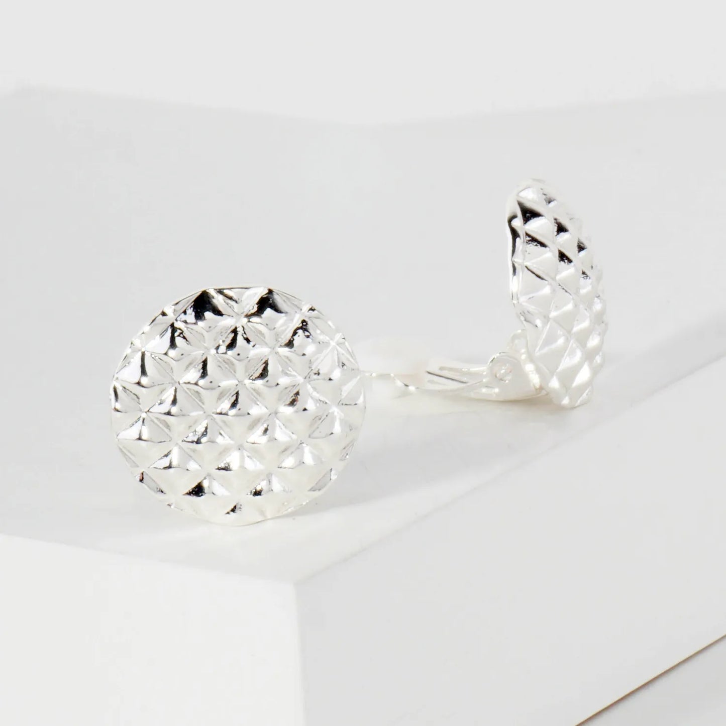 Rockstud-Texture Polished Metal Round Clip-On Earrings