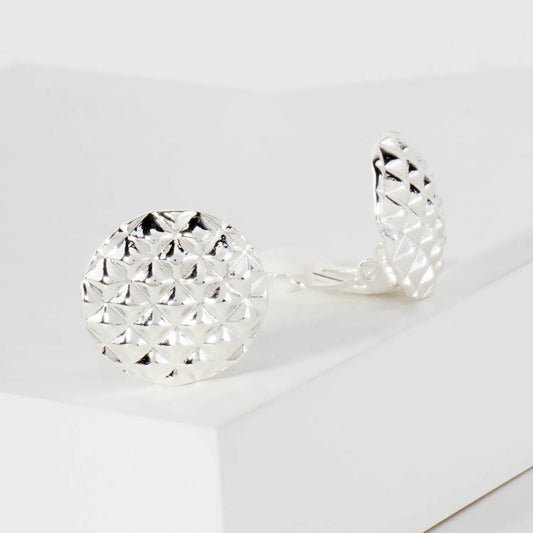 Rockstud-Texture Polished Metal Round Clip-On Earrings