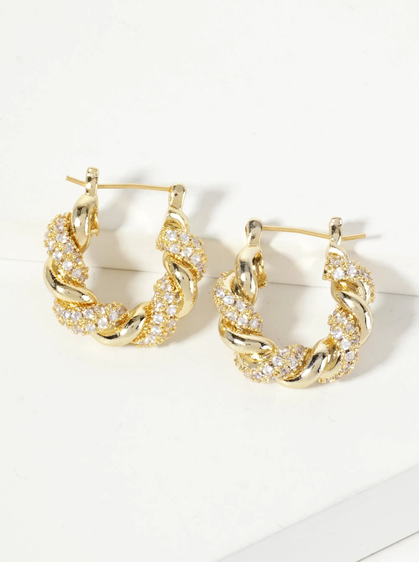 Rolled Design Single Row Of CZ Embellishment 20mm 18K-Gold-Dipped Latch-Back Hoop Earrings