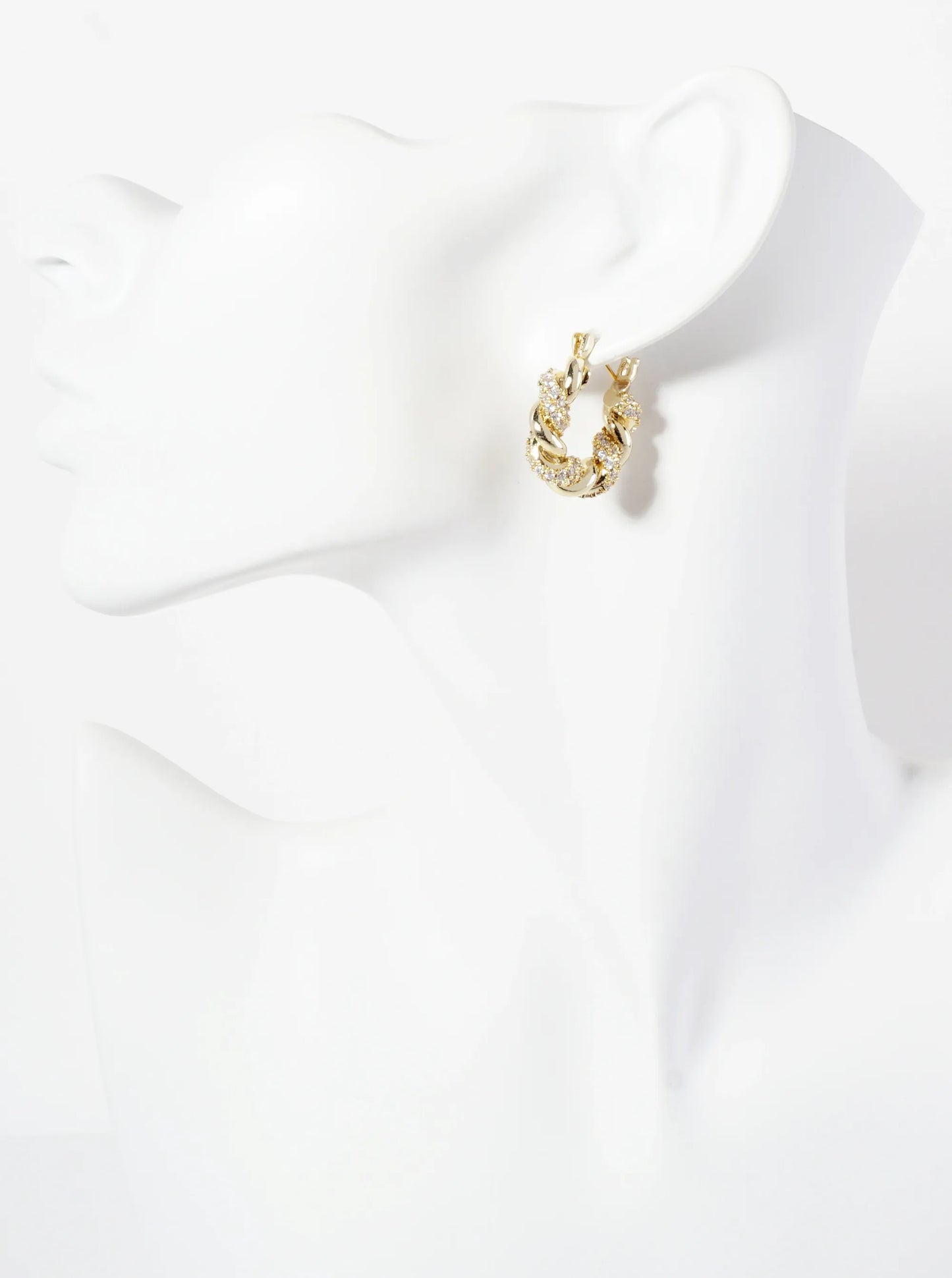 Rolled Design Single Row Of CZ Embellishment 20mm 18K-Gold-Dipped Latch-Back Hoop Earrings