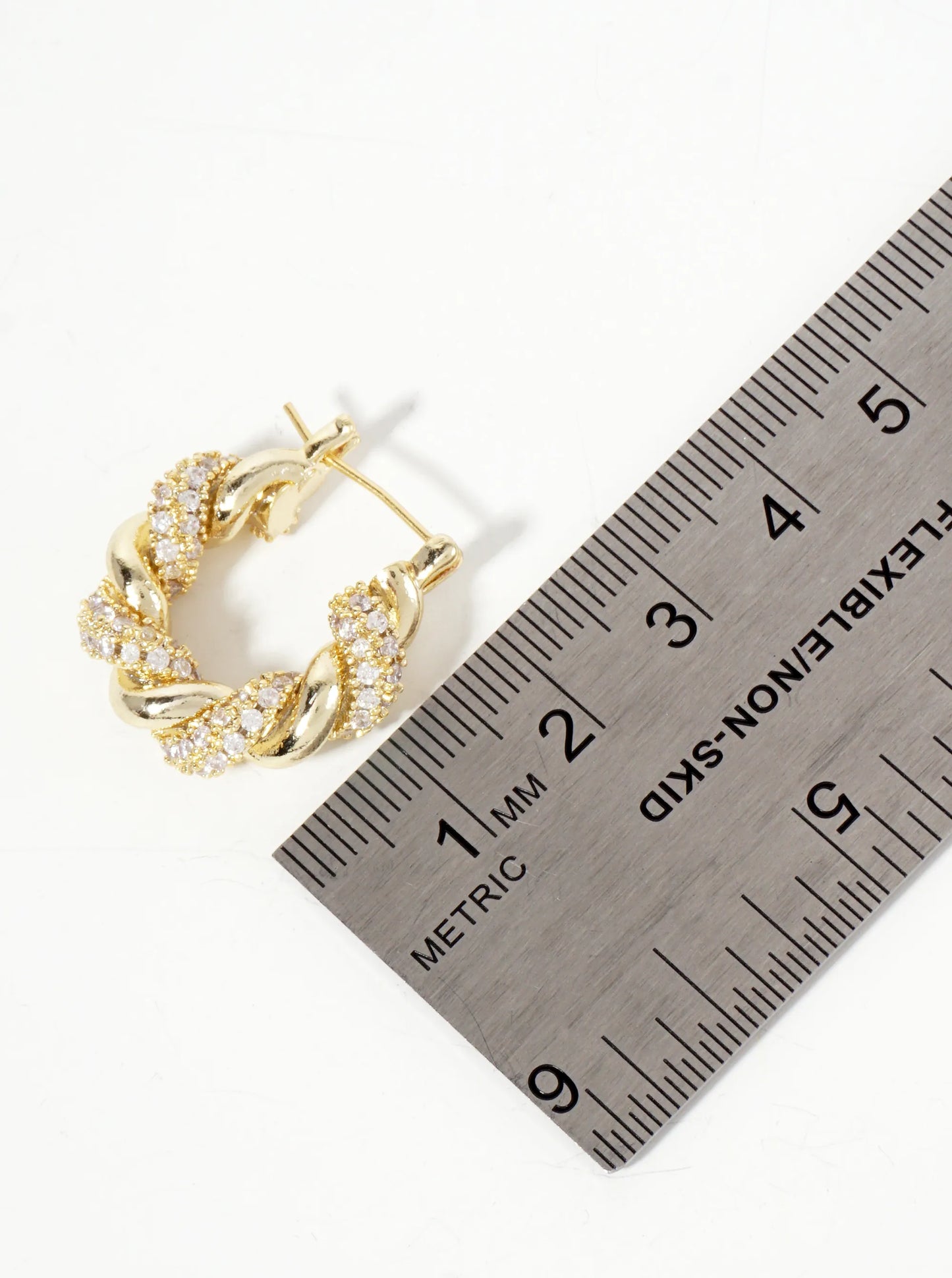 Rolled Design Single Row Of CZ Embellishment 20mm 18K-Gold-Dipped Latch-Back Hoop Earrings