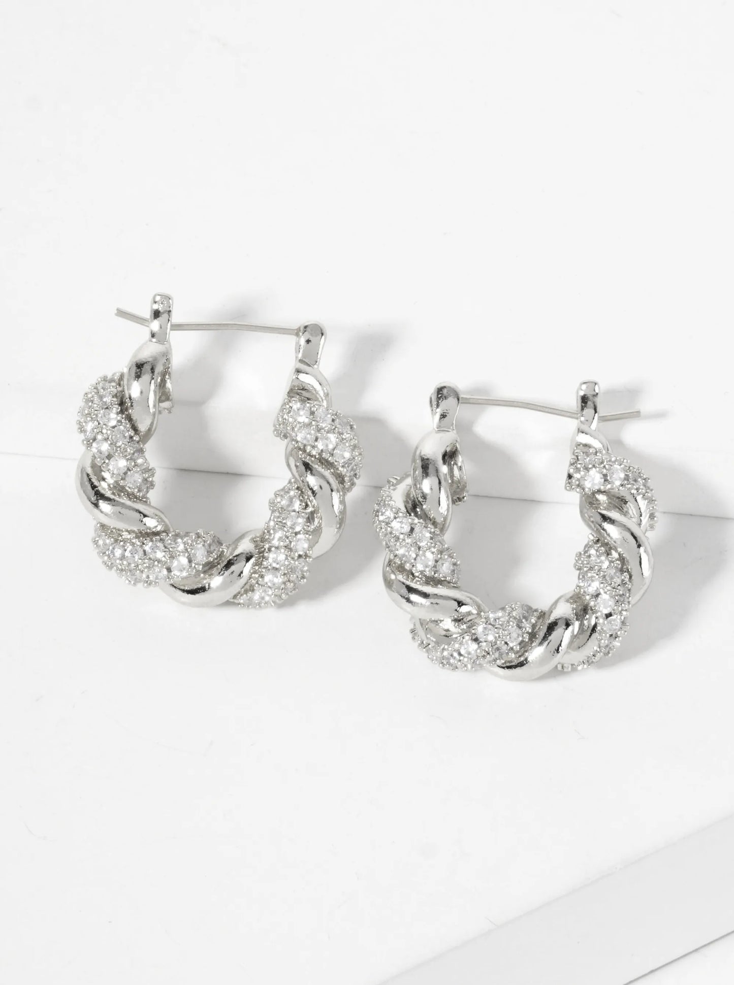 Rolled Design Single Row Of CZ Embellishment 20mm 18K-Gold-Dipped Latch-Back Hoop Earrings