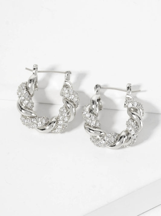 Rolled Design Single Row Of CZ Embellishment 20mm 18K-Gold-Dipped Latch-Back Hoop Earrings
