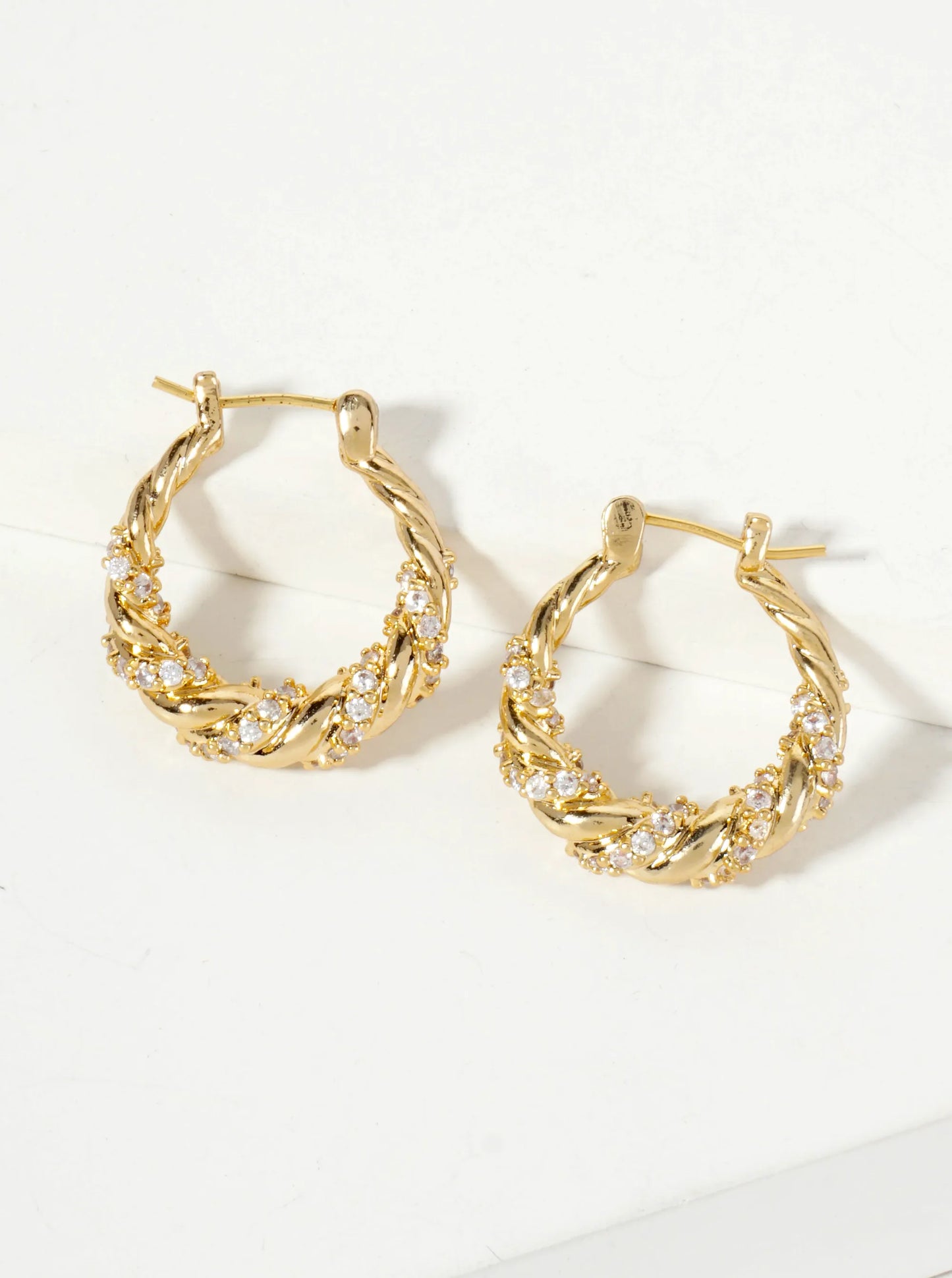 Rolled Design Single Row Of CZ Embellishment 20mm 18K-Gold-Dipped Tapered Latch-Back Hoop Earrings