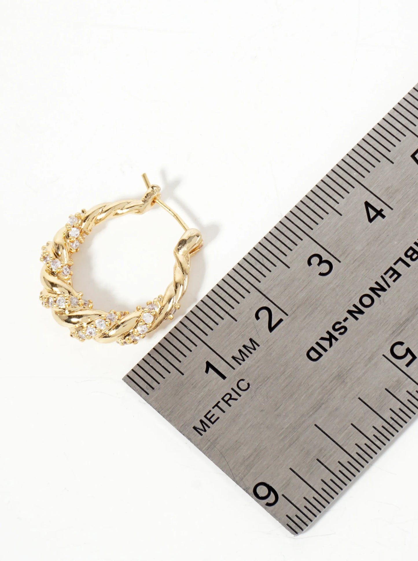 Rolled Design Single Row Of CZ Embellishment 20mm 18K-Gold-Dipped Tapered Latch-Back Hoop Earrings