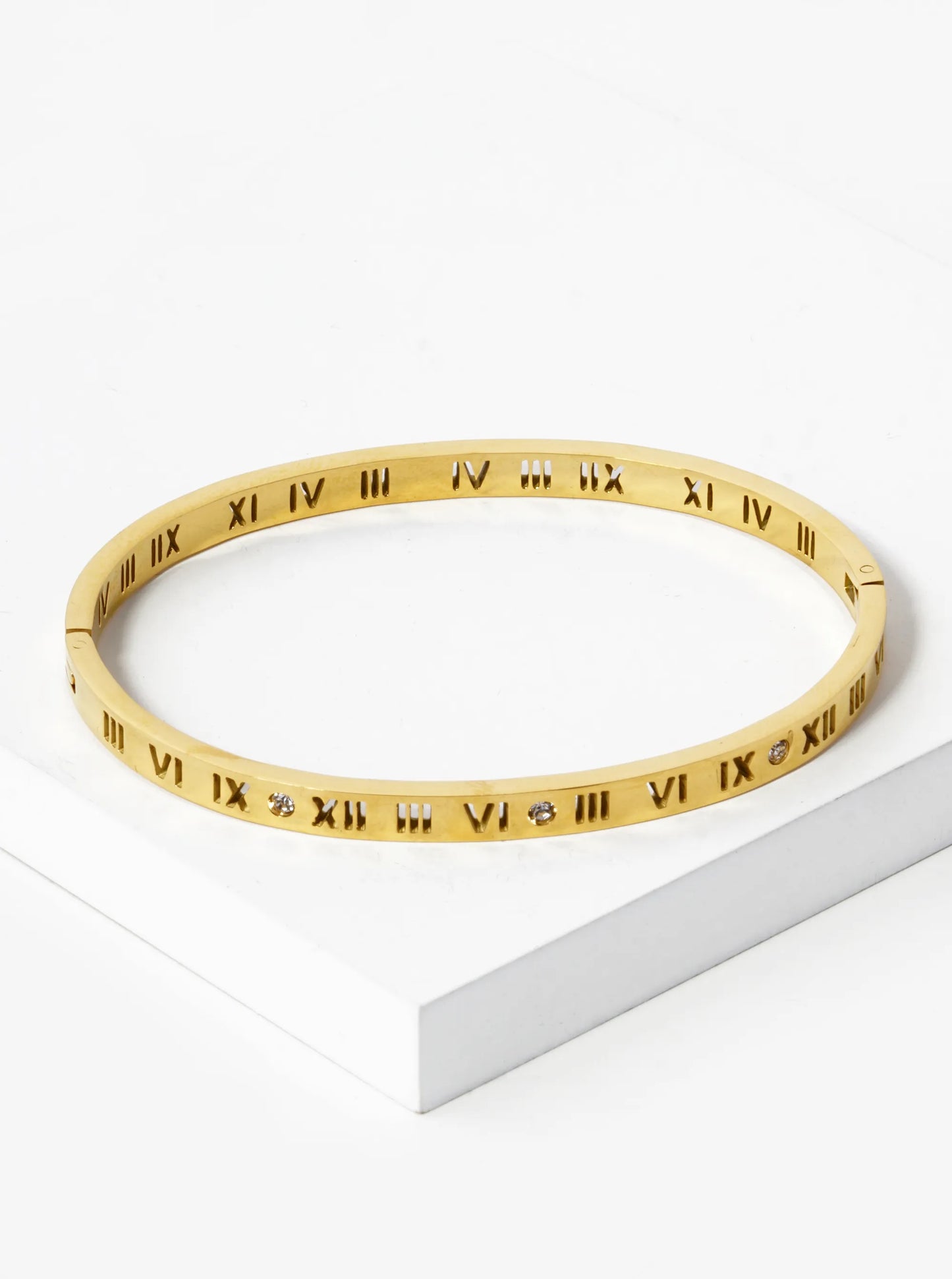 Roman Numeral Cutout 4mm Thick Stainless Steel Open Bangle Bracelet